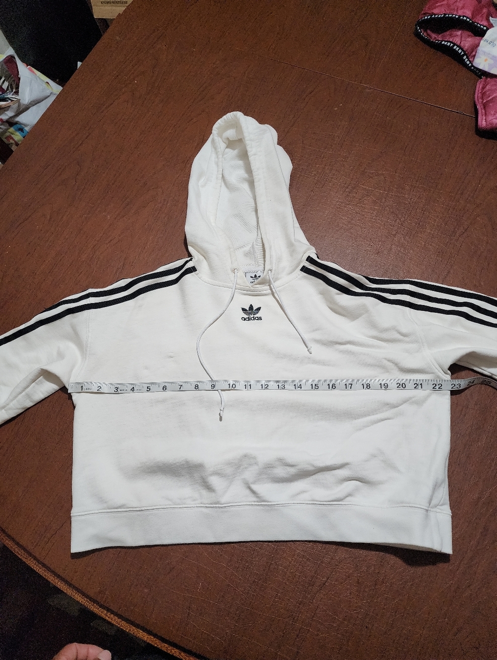 Adidas White Cropped Hoodie with Black 3-Stripes - Picture 5 of 10